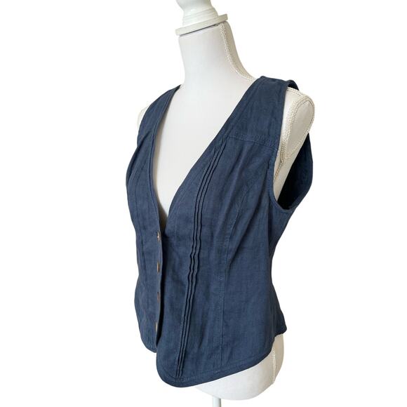 Coldwater Creek Vest Women's Size 10 Blue Linen Wooden Buttons Lace Back - Picture 2 of 10